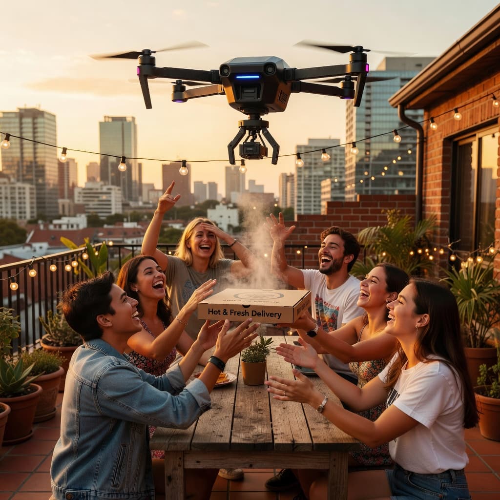 Kid riding a hoverboard while friends watch — AI-generated photorealistic