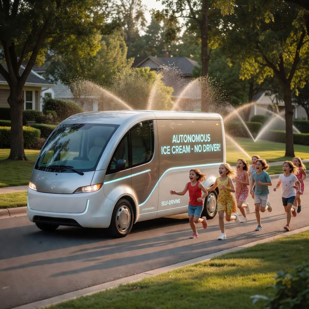 Autonomous ice cream truck on a suburban street — AI-generated photorealistic