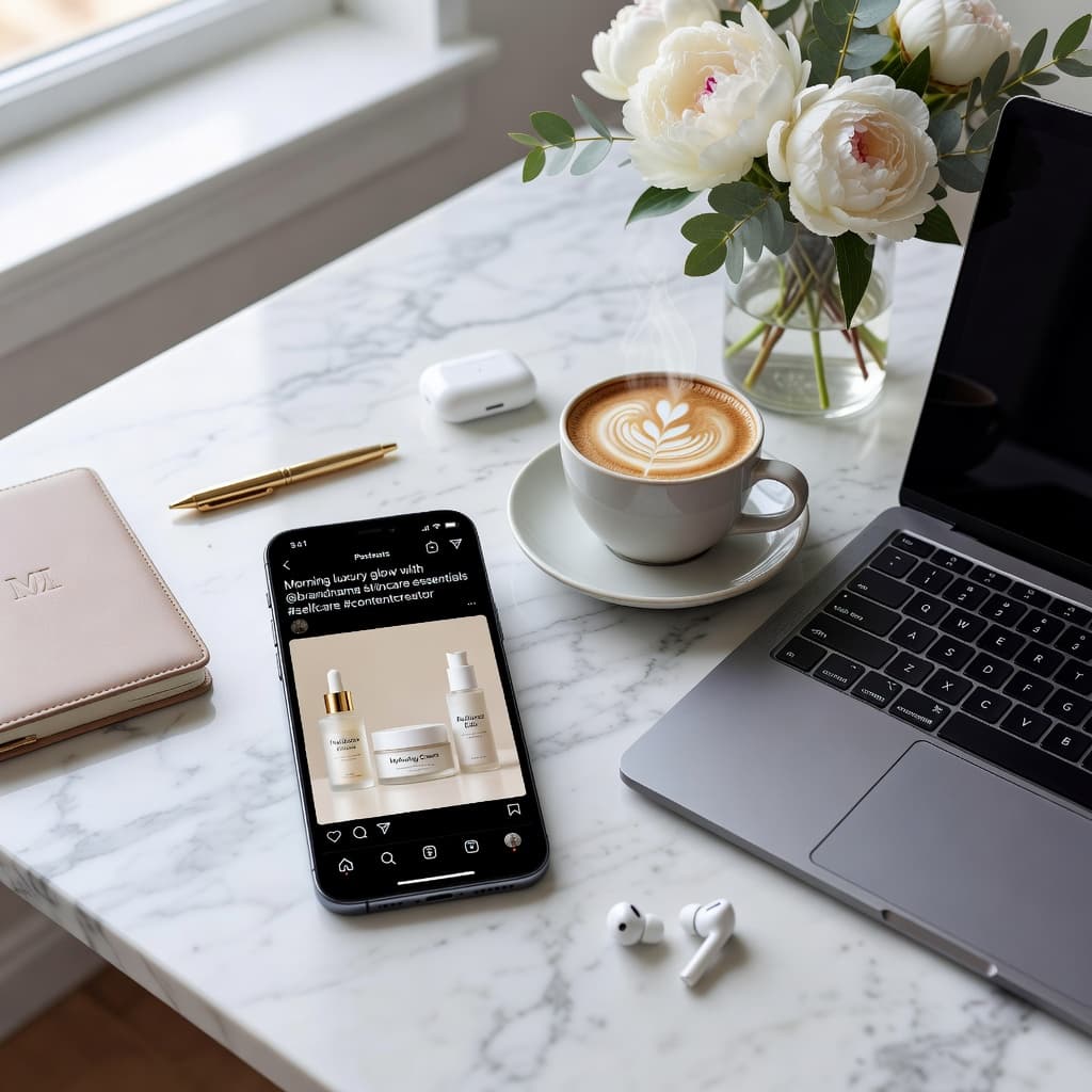 Content creator workspace with social media — AI-generated