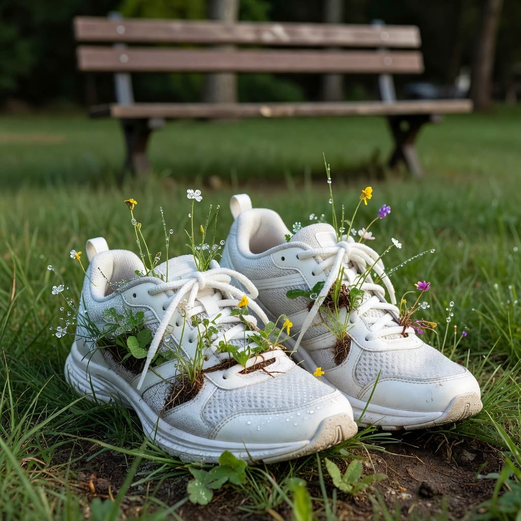 Running shoes with plants growing through them — AI-generated photorealistic