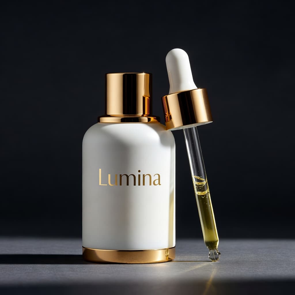 Skincare products on marble vanity with natural light — AI-generated lifestyle