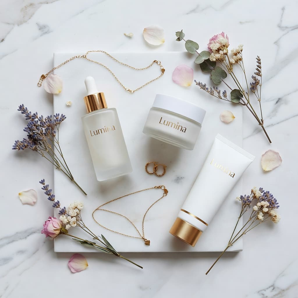 Skincare products flat lay arrangement — AI-generated brand photography