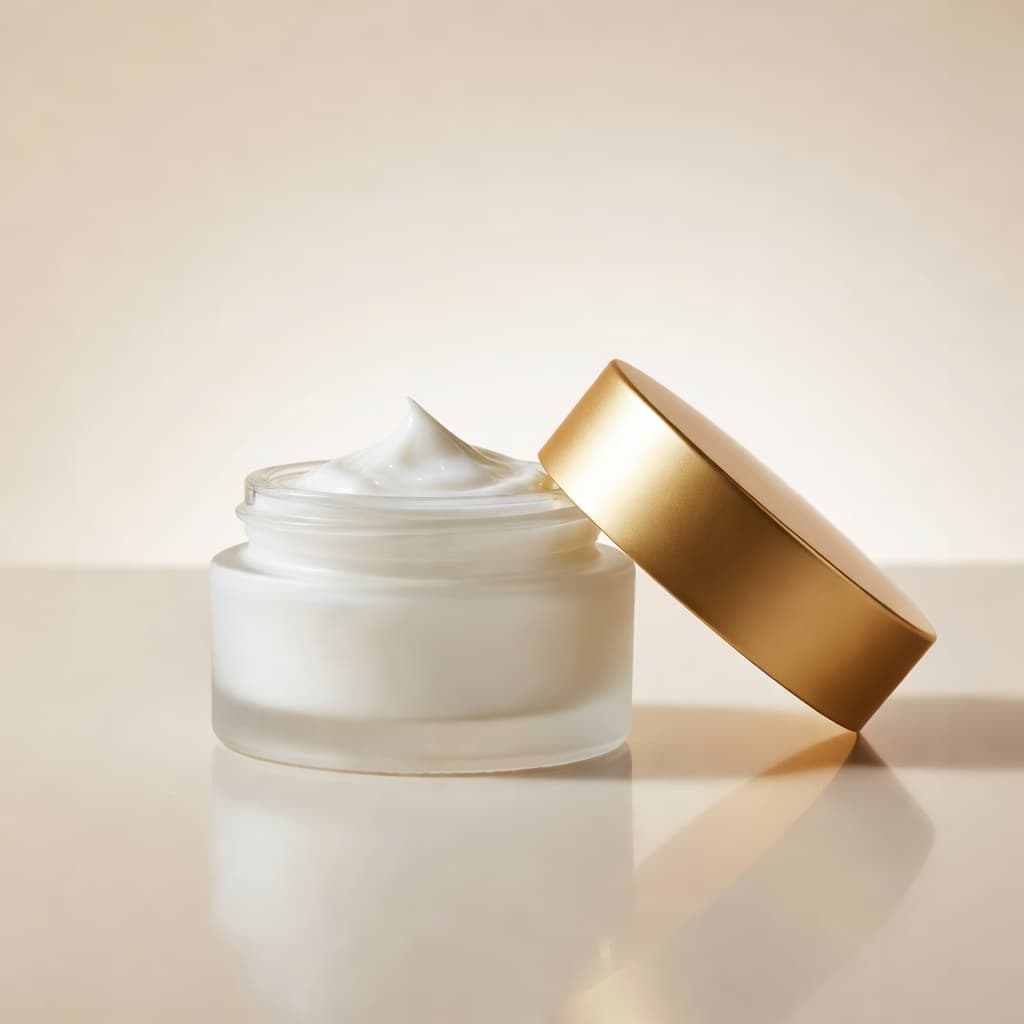 Premium facial cream in frosted glass jar — AI-generated product shot
