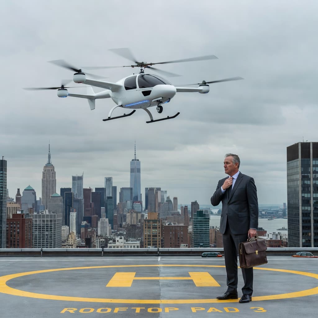 Electric air taxi landing on Manhattan rooftop — AI-generated photorealistic