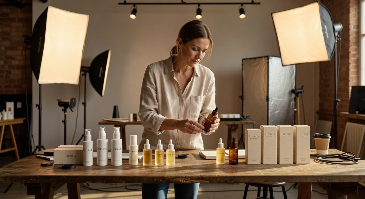 Complete Lumina Skincare collection — AI-generated commercial photography